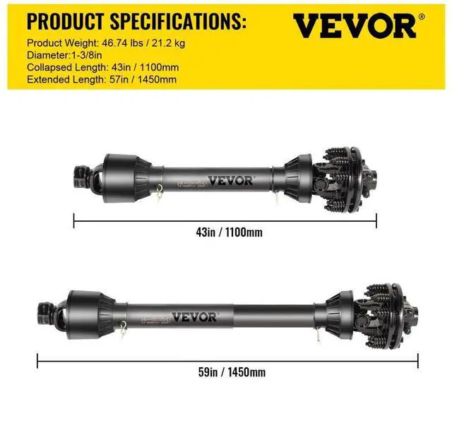Alt view image 8 of 8 - Vevor Pto Shaft Pto Drive Shaft 1-3/8" 6 Spline Ends T5 43"-57" For Brush Hog