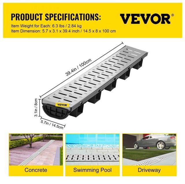 Alt view image 8 of 8 - VEVOR Drainage Trench Driveway Channel Drain Kit Metal Grate-5.8"x3.1"-5 Pack