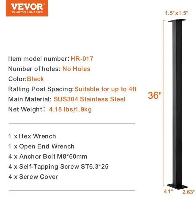 Alt view image 8 of 8 - Vevor Cable Railingpost Deck Railing 36x1.5x1.5" Diy Post Without Holes Black