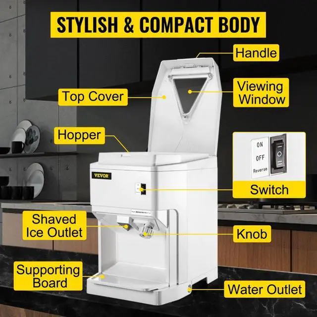 Alt view image 6 of 8 - VEVOR Ice Shaver Machine Electric, Shaved Ice Machine Commercial 265 LBS/H, Snow Cone Maker w/Ice Hopper & Lid, 250W Ice Crusher w/Drain Pipe Tabletop