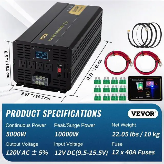 Alt view image 8 of 8 - VEVOR Pure Sine Wave Inverter Power Inverter 5000W DC12V to AC120V Inverter LCD