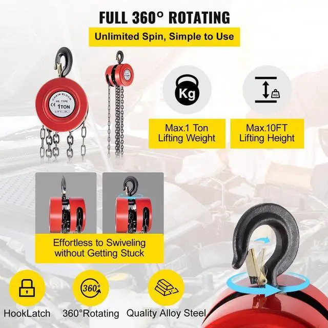 Alt view image 4 of 8 - VEVOR Chain Hoist Chain Block 1 Ton Capacity 10 Feet Lift Steel Construction Red