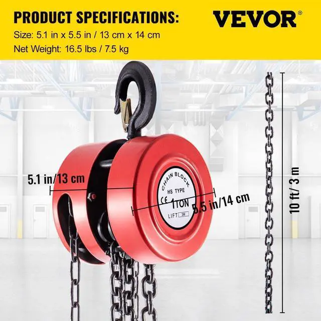 Alt view image 8 of 8 - VEVOR Chain Hoist Chain Block 1 Ton Capacity 10 Feet Lift Steel Construction Red