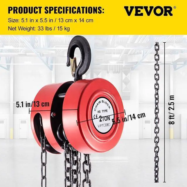 Alt view image 8 of 8 - VEVOR Chain Hoist Chain Block 2 Ton Capacity 8 Feet Lift Steel Construction Red