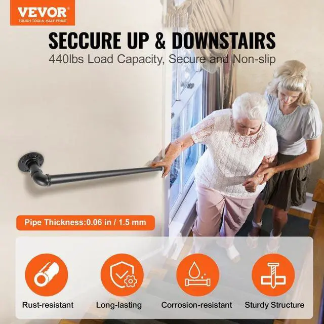 Alt view image 3 of 8 - VEVOR Pipe Stair Handrail Staircase Handrail 2 Ft Carbon Steel For Wall Mount