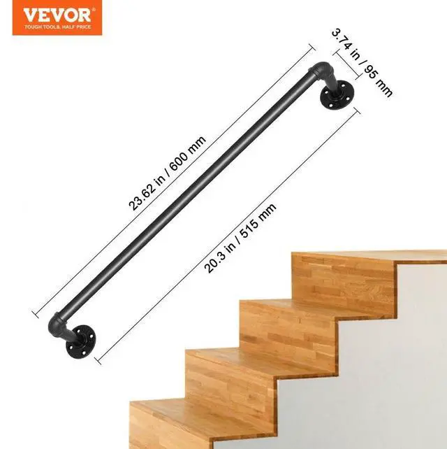 Alt view image 8 of 8 - VEVOR Pipe Stair Handrail Staircase Handrail 2 Ft Carbon Steel For Wall Mount