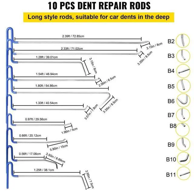 Alt view image 4 of 8 - VEVOR Rods Dent Puller Stainless Steel Paintless Repair Kits Hail Removal 20pcs