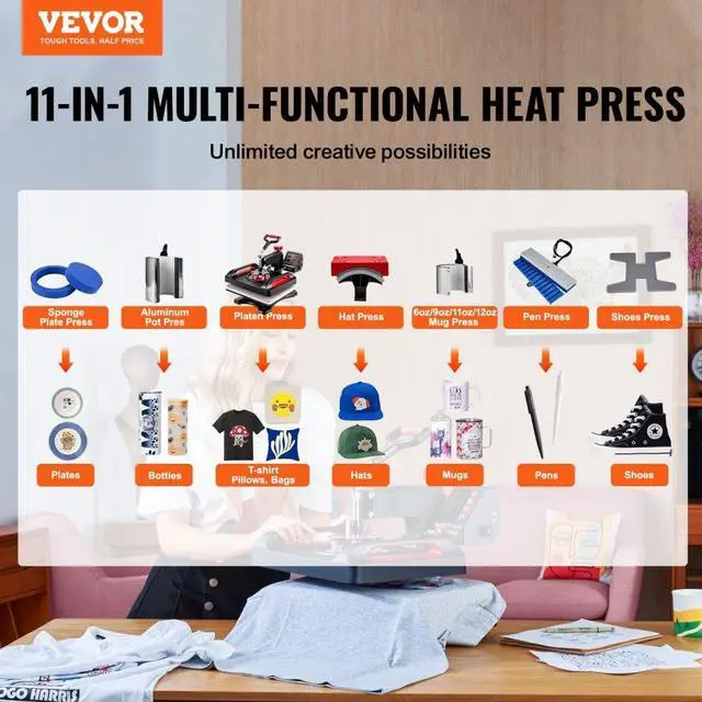 Alt view image 4 of 9 - VEVOR Heat Press Machine Sublimation Machine 15 X 12 Inch 11 In 1 Kit Heat Press