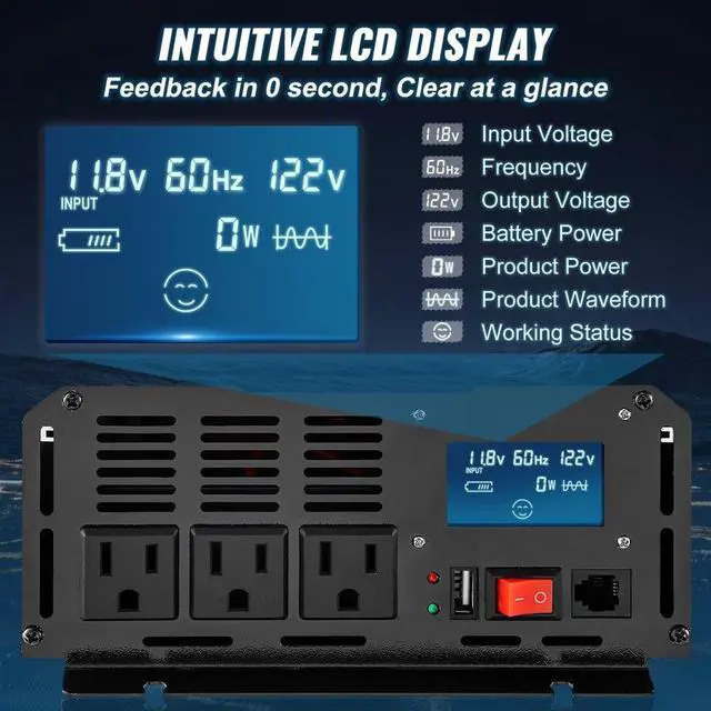 Alt view image 4 of 8 - VEVOR Pure Sine Wave Inverter Power Inverter 2500W DC12V to AC120V Inverter LCD