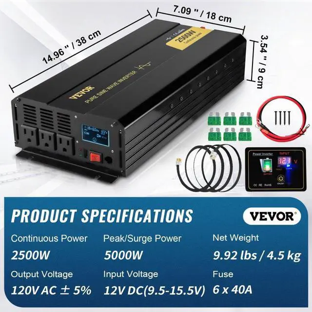 Alt view image 8 of 8 - VEVOR Pure Sine Wave Inverter Power Inverter 2500W DC12V to AC120V Inverter LCD
