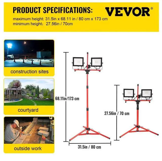 Alt view image 8 of 8 - VEVOR 2pcs Dual-head Led Work Light 10000 Lumen Led Work Light With Tripod Stand