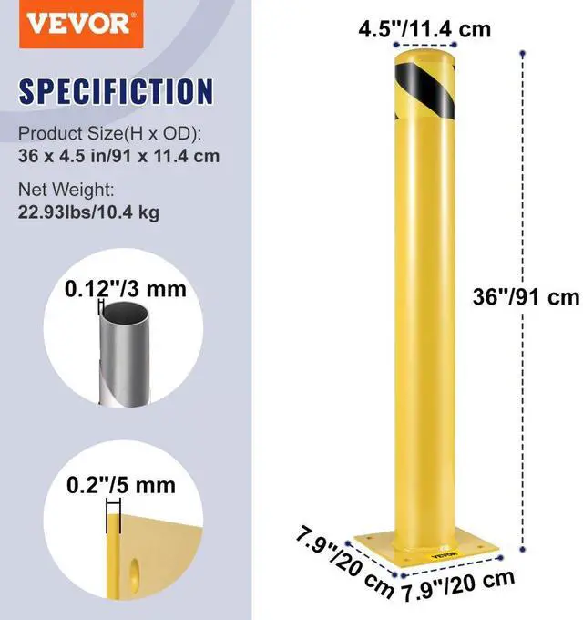 Alt view image 8 of 8 - VEVOR Safety Bollard Steel Bollard Post Yellow Pipe Steel Barrier 36" H 4.5" D