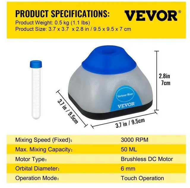 Alt view image 8 of 8 - VEVOR Vortex Mixer, 3000rpm Mini Vortex Mixer Shaker, Touch Function Scientific Lab Vortex Shaker, Mix Up to 50ml, 6mm Orbital Diameter for Test Tube, Tattoo Ink, Nail Polish, Eyelash Adhesives, Paint