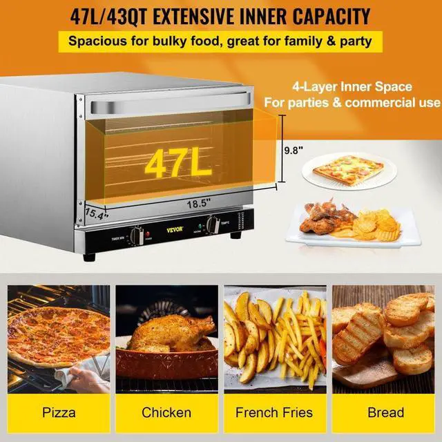 Alt view image 4 of 8 - VEVOR Commercial Convection Oven, 47L/43Qt, Half-Size Conventional Oven Countertop, 1600W 4-Tier Toaster w/ Front Glass Door, Electric Baking Oven w/ Trays Wire Racks Clip Gloves, 120V, ETL Listed