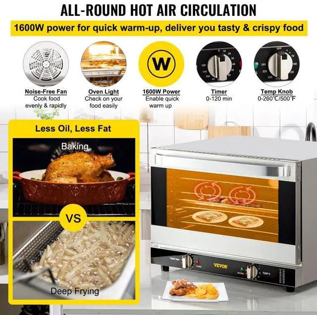 Alt view image 5 of 8 - VEVOR Commercial Convection Oven, 47L/43Qt, Half-Size Conventional Oven Countertop, 1600W 4-Tier Toaster w/ Front Glass Door, Electric Baking Oven w/ Trays Wire Racks Clip Gloves, 120V, ETL Listed