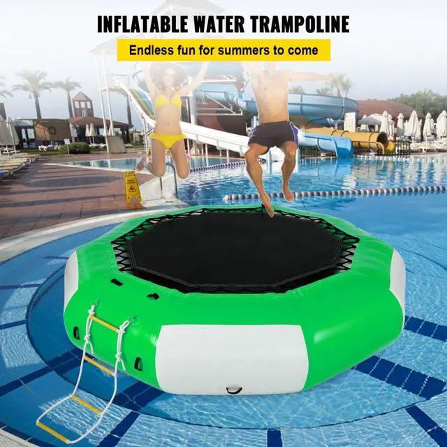 Alt view image 3 of 8 - VEVOR Inflatable Water Trampoline 10FT , Round Inflatable Water Bouncer with 4-Step Ladder, Water Trampoline in Green and White for Water Sports.