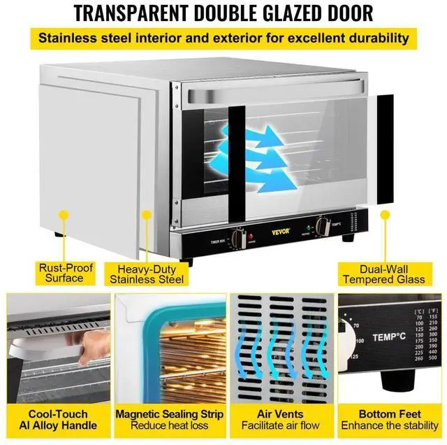 Alt view image 6 of 8 - VEVOR Commercial Convection Oven, 47L/43Qt, Half-Size Conventional Oven Countertop, 1600W 4-Tier Toaster w/ Front Glass Door, Electric Baking Oven w/ Trays Wire Racks Clip Gloves, 120V, ETL Listed
