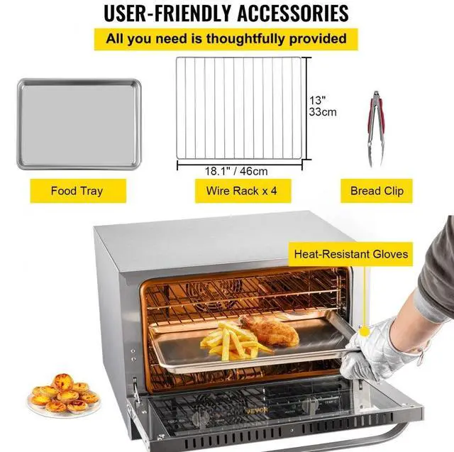 Alt view image 7 of 8 - VEVOR Commercial Convection Oven, 47L/43Qt, Half-Size Conventional Oven Countertop, 1600W 4-Tier Toaster w/ Front Glass Door, Electric Baking Oven w/ Trays Wire Racks Clip Gloves, 120V, ETL Listed