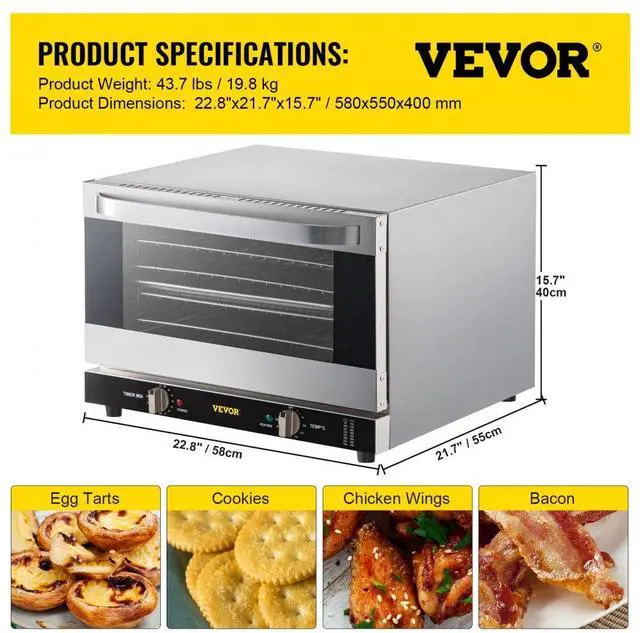 Alt view image 8 of 8 - VEVOR Commercial Convection Oven, 47L/43Qt, Half-Size Conventional Oven Countertop, 1600W 4-Tier Toaster w/ Front Glass Door, Electric Baking Oven w/ Trays Wire Racks Clip Gloves, 120V, ETL Listed