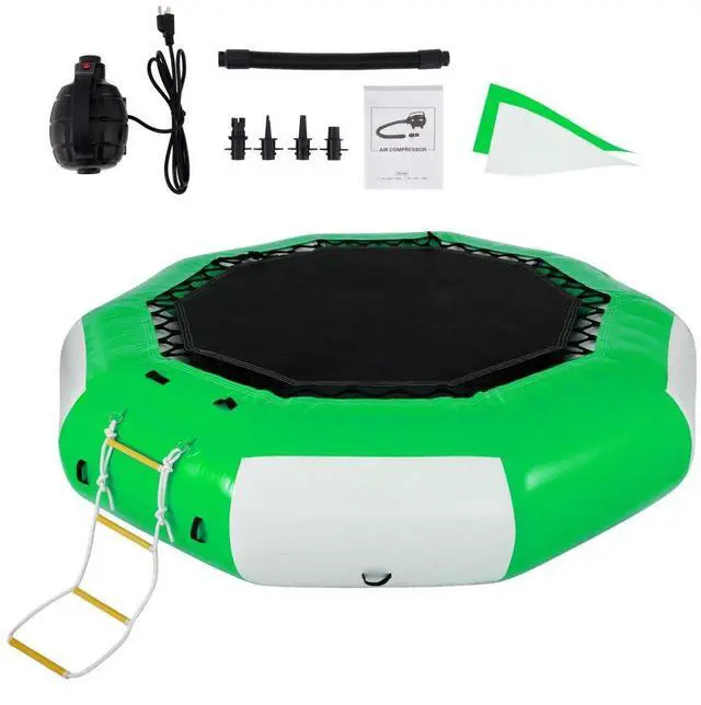 Alt view image 2 of 8 - VEVOR Inflatable Water Trampoline 10FT , Round Inflatable Water Bouncer with 4-Step Ladder, Water Trampoline in Green and White for Water Sports.