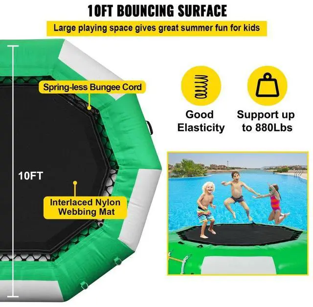 Alt view image 4 of 8 - VEVOR Inflatable Water Trampoline 10FT , Round Inflatable Water Bouncer with 4-Step Ladder, Water Trampoline in Green and White for Water Sports.