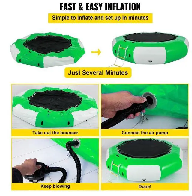 Alt view image 6 of 8 - VEVOR Inflatable Water Trampoline 10FT , Round Inflatable Water Bouncer with 4-Step Ladder, Water Trampoline in Green and White for Water Sports.