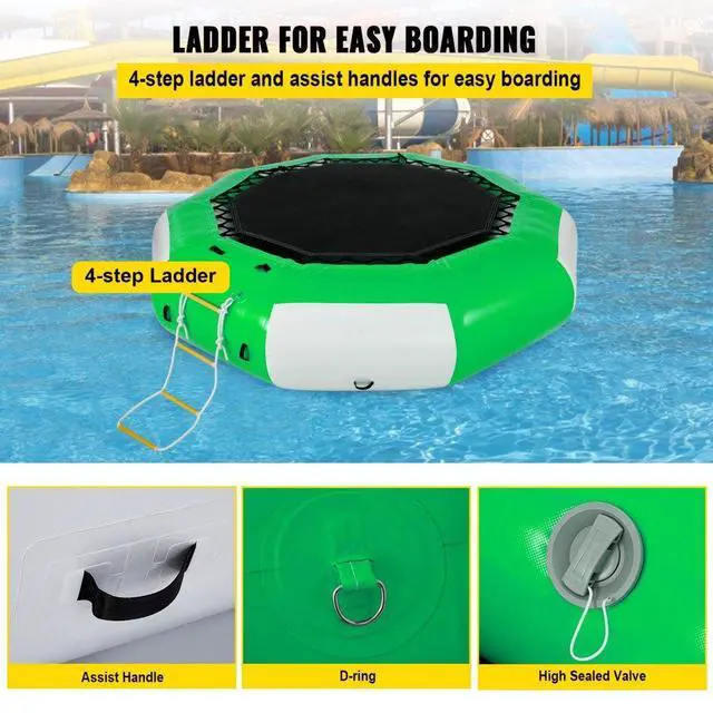 Alt view image 7 of 8 - VEVOR Inflatable Water Trampoline 10FT , Round Inflatable Water Bouncer with 4-Step Ladder, Water Trampoline in Green and White for Water Sports.