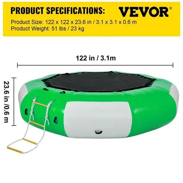 Alt view image 8 of 8 - VEVOR Inflatable Water Trampoline 10FT , Round Inflatable Water Bouncer with 4-Step Ladder, Water Trampoline in Green and White for Water Sports.