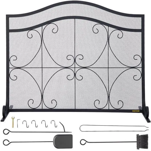 Alt view image 2 of 8 - VEVOR Fireplace Screen, 38 x 26.5 Inch,Heavy Duty Iron Freestanding Spark Guard with Support, Metal Mesh Craft, Broom Tong Shovel Poker Included for Fireplace Decoration & Protection, Black