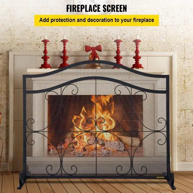 Alt view image 3 of 8 - VEVOR Fireplace Screen, 38 x 26.5 Inch,Heavy Duty Iron Freestanding Spark Guard with Support, Metal Mesh Craft, Broom Tong Shovel Poker Included for Fireplace Decoration & Protection, Black