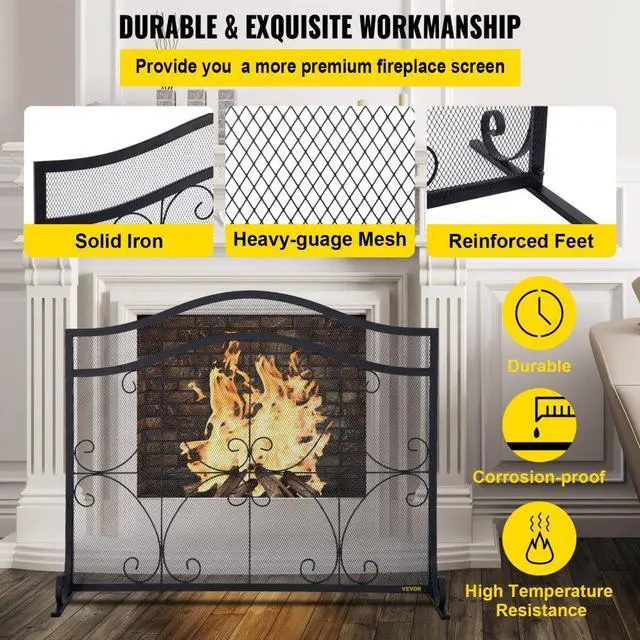 Alt view image 4 of 8 - VEVOR Fireplace Screen, 38 x 26.5 Inch,Heavy Duty Iron Freestanding Spark Guard with Support, Metal Mesh Craft, Broom Tong Shovel Poker Included for Fireplace Decoration & Protection, Black