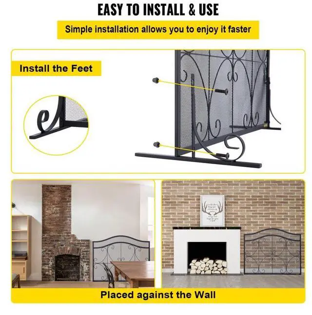 Alt view image 5 of 8 - VEVOR Fireplace Screen, 38 x 26.5 Inch,Heavy Duty Iron Freestanding Spark Guard with Support, Metal Mesh Craft, Broom Tong Shovel Poker Included for Fireplace Decoration & Protection, Black