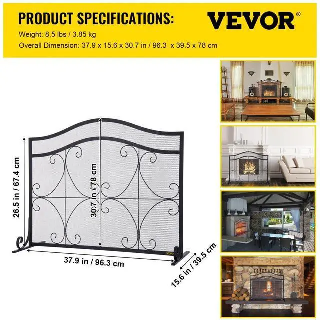 Alt view image 8 of 8 - VEVOR Fireplace Screen, 38 x 26.5 Inch,Heavy Duty Iron Freestanding Spark Guard with Support, Metal Mesh Craft, Broom Tong Shovel Poker Included for Fireplace Decoration & Protection, Black