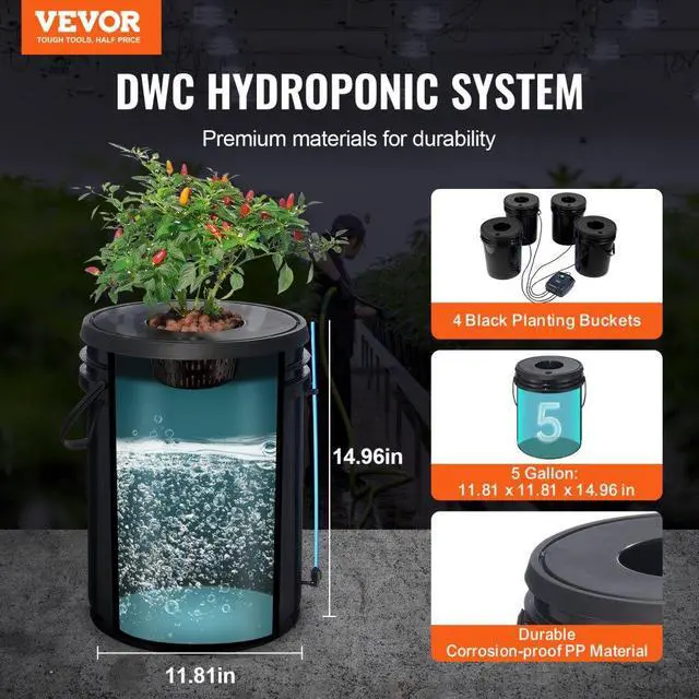 Alt view image 3 of 8 - VEVOR DWC Hydroponic System, 5 Gallon 4 Buckets, Deep Water Culture Growing Bucket, Hydroponics Grow Kit with Pump, Air Stone and Water Level Device, for Indoor/Outdoor Leafy Vegetables