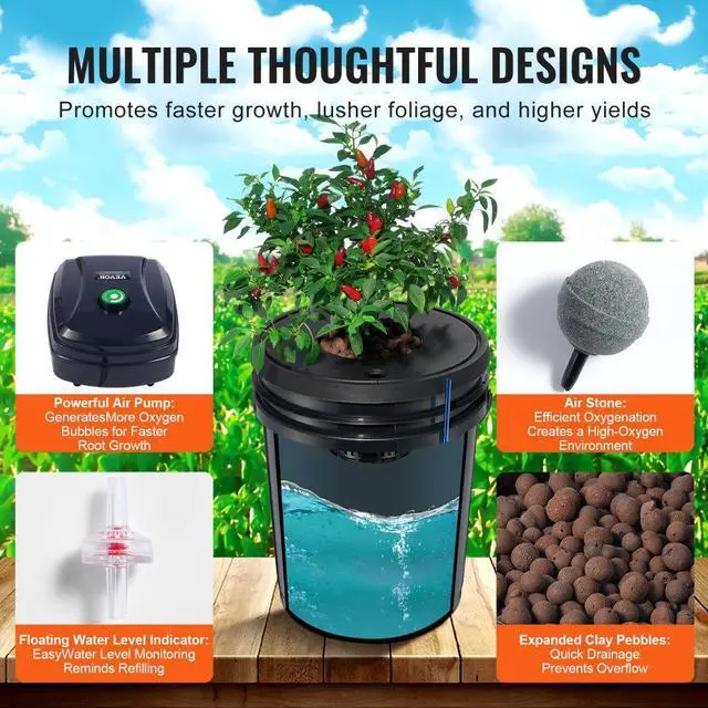 Alt view image 4 of 8 - VEVOR DWC Hydroponic System, 5 Gallon 4 Buckets, Deep Water Culture Growing Bucket, Hydroponics Grow Kit with Pump, Air Stone and Water Level Device, for Indoor/Outdoor Leafy Vegetables