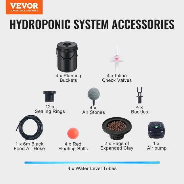 Alt view image 8 of 8 - VEVOR DWC Hydroponic System, 5 Gallon 4 Buckets, Deep Water Culture Growing Bucket, Hydroponics Grow Kit with Pump, Air Stone and Water Level Device, for Indoor/Outdoor Leafy Vegetables