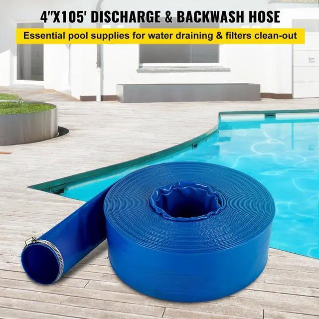 Alt view image 3 of 8 - VEVOR Discharge Hose, 4" x 105', PVC Lay Flat Hose, Heavy Duty Backwash Drain Hose with Clamps, Weather-proof & Burst-proof, Ideal for Swimming Pool & Water Transfer, Blue