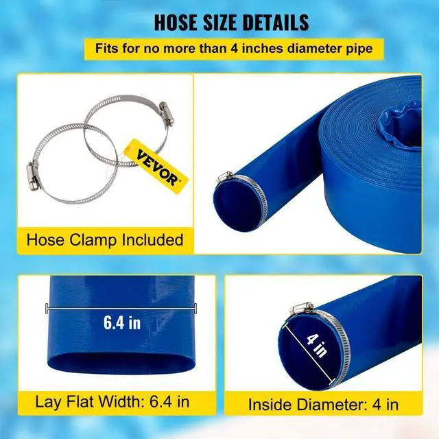 Alt view image 5 of 8 - VEVOR Discharge Hose, 4" x 105', PVC Lay Flat Hose, Heavy Duty Backwash Drain Hose with Clamps, Weather-proof & Burst-proof, Ideal for Swimming Pool & Water Transfer, Blue