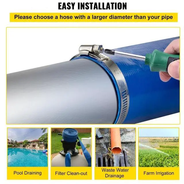 Alt view image 7 of 8 - VEVOR Discharge Hose, 4" x 105', PVC Lay Flat Hose, Heavy Duty Backwash Drain Hose with Clamps, Weather-proof & Burst-proof, Ideal for Swimming Pool & Water Transfer, Blue