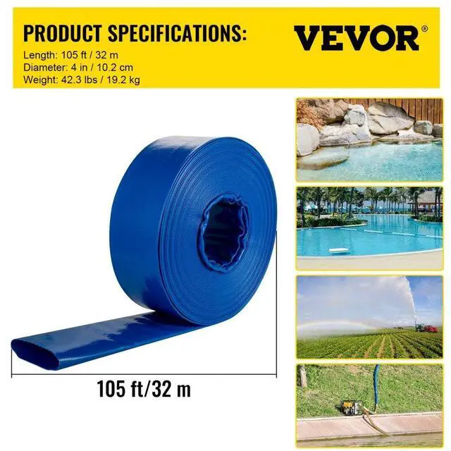 Alt view image 8 of 8 - VEVOR Discharge Hose, 4" x 105', PVC Lay Flat Hose, Heavy Duty Backwash Drain Hose with Clamps, Weather-proof & Burst-proof, Ideal for Swimming Pool & Water Transfer, Blue