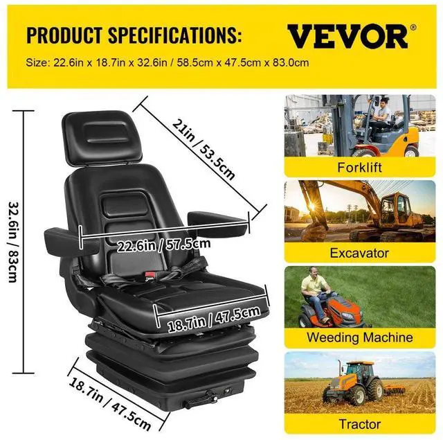 Alt view image 8 of 8 - VEVOR Suspension Seat Adjustable Backrest Headrest Armrest, Forklift Seat With Slide Rails, Foldable Heavy Duty for Tractor Forklift Excavator Skid Steer