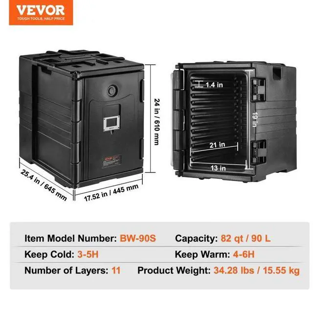 Alt view image 9 of 16 - VEVOR Insulated Food Pan Carrier, 82 Qt Hot Box for Catering, LLDPE Food Box Carrier w/ Double Buckles, Front Loading Food Warmer w/ Handles, Stackable End Loader for Restaurant, Canteen, etc. Black