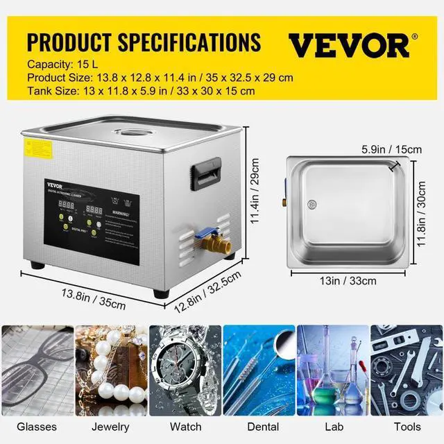 Alt view image 9 of 9 - VEVOR 15l Ultrasonic Cleaner Heater Timer 600w 40khz Jewelry Cleaning Machine
