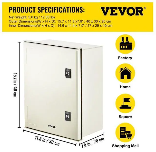 Alt view image 8 of 8 - VEVOR Fiberglass Enclosure Electrical Enclosure Box 15.7 x 11.8 x7.9" Wall Mount