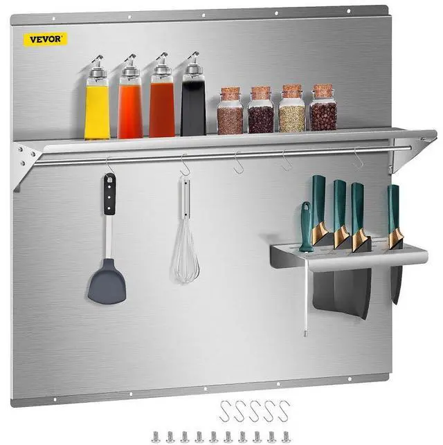 Main image of VEVOR Range Backsplash with Shelf 36 x 29.5 Inch Range Hood Wall Shield, Stainless Steel Backsplash Silver Splash Plate for Range Hood Stainless Backsplash with Built-in Storage Shelf and Hanging Rack