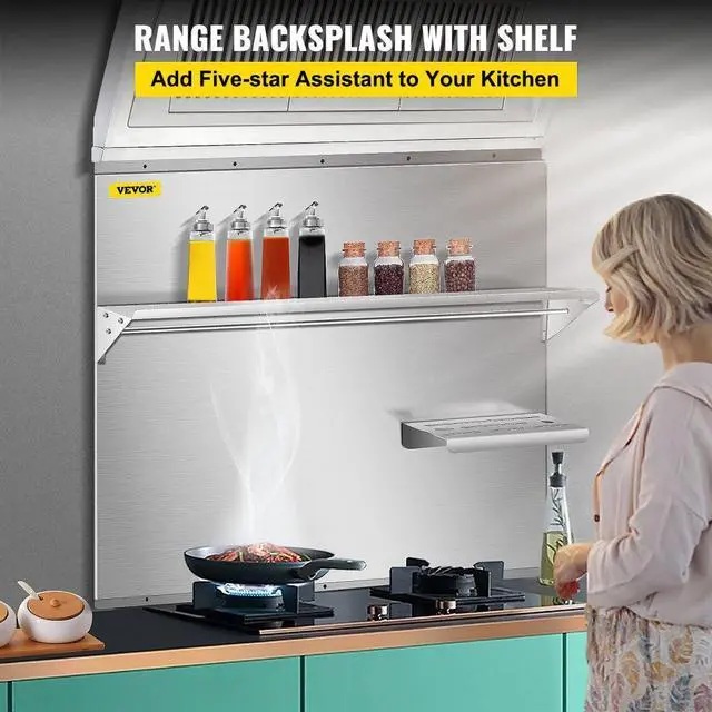 Alt view image 2 of 7 - VEVOR Range Backsplash with Shelf 36 x 29.5 Inch Range Hood Wall Shield, Stainless Steel Backsplash Silver Splash Plate for Range Hood Stainless Backsplash with Built-in Storage Shelf and Hanging Rack