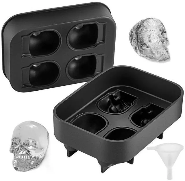 Alt view image 9 of 15 - VEVOR Skull Ice Cube Tray, 4-Grid Skull Ice Ball Maker, Flexible Black Silicone Ice Tray with Lid & Funnel, Funny Skull Ice Cubes 1.6"x1.8" Each for Beverage, Chocolate, etc. on Parties & Holidays