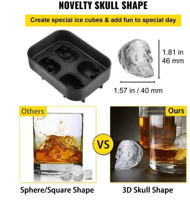 Alt view image 11 of 15 - VEVOR Skull Ice Cube Tray, 4-Grid Skull Ice Ball Maker, Flexible Black Silicone Ice Tray with Lid & Funnel, Funny Skull Ice Cubes 1.6"x1.8" Each for Beverage, Chocolate, etc. on Parties & Holidays