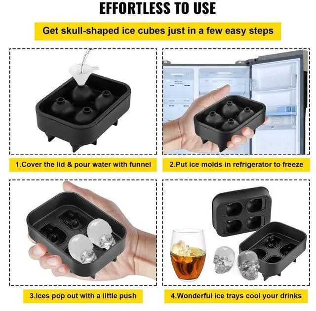 Alt view image 14 of 15 - VEVOR Skull Ice Cube Tray, 4-Grid Skull Ice Ball Maker, Flexible Black Silicone Ice Tray with Lid & Funnel, Funny Skull Ice Cubes 1.6"x1.8" Each for Beverage, Chocolate, etc. on Parties & Holidays