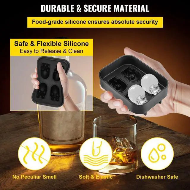 Alt view image 12 of 15 - VEVOR Skull Ice Cube Tray, 4-Grid Skull Ice Ball Maker, Flexible Black Silicone Ice Tray with Lid & Funnel, Funny Skull Ice Cubes 1.6"x1.8" Each for Beverage, Chocolate, etc. on Parties & Holidays